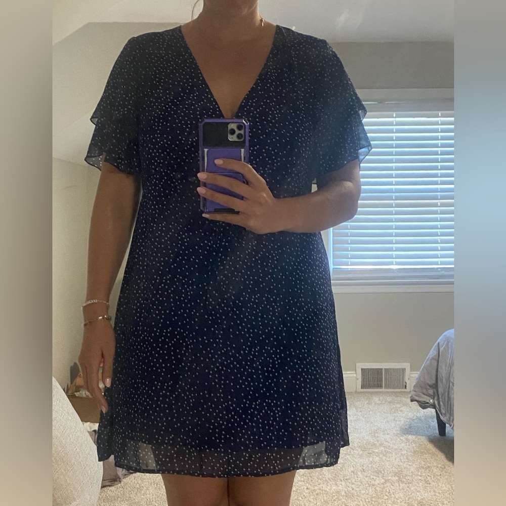 Elegant Navy Blue Polka Dot Dress